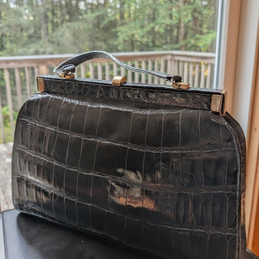 Elegant Black Crocodile Embossed Handbag